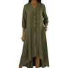 image:imagechouyatou Womens Ruffle Button Down Denim Midi Long Dress 34 Sleeve High How Jean Dress with PocketsArmy Green