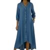 image:imagechouyatou Womens Ruffle Button Down Denim Midi Long Dress 34 Sleeve High How Jean Dress with PocketsBlue