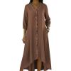 image:imagechouyatou Womens Ruffle Button Down Denim Midi Long Dress 34 Sleeve High How Jean Dress with PocketsBrown