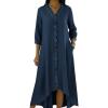 image:imagechouyatou Womens Ruffle Button Down Denim Midi Long Dress 34 Sleeve High How Jean Dress with PocketsDark Blue