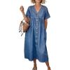 image:imagechouyatou Womens Short Sleeve Denim Shirt Dress Business Casual VNeck Midi Long Jean Dress with PocketsBlue