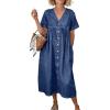 image:imagechouyatou Womens Short Sleeve Denim Shirt Dress Business Casual VNeck Midi Long Jean Dress with PocketsDark Blue