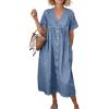 image:imagechouyatou Womens Short Sleeve Denim Shirt Dress Business Casual VNeck Midi Long Jean Dress with PocketsLight Blue