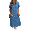 image:imagechouyatou Womens Short Sleeve Jean Dress Button Front Summer A Line Midi Denim Shirt Dress with PocketsAzure
