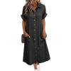image:imagechouyatou Womens Short Sleeve Jean Dress Button Front Summer A Line Midi Denim Shirt Dress with PocketsBlack Grey