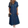 image:imagechouyatou Womens Short Sleeve Jean Dress Button Front Summer A Line Midi Denim Shirt Dress with PocketsBlue