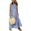 image:imagechouyatou Womens Summer Boho Gingham Dress Business Casual Belted Flowy Plaid Maxi Shirt Dress SundressDark Blue