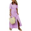image:imagechouyatou Womens Summer Boho Striped Maxi Long Shirt Dress Business Casual Short Sleeve Belted Cotton DressPurple