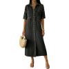 image:imagechouyatou Womens Summer Button Down Denim Shirt Dress Casual Short Sleeve Distressed Jean Long Dress with PocketsBlack