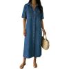 image:imagechouyatou Womens Summer Button Down Denim Shirt Dress Casual Short Sleeve Distressed Jean Long Dress with PocketsBlue