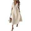 image:imagechouyatou Womens Summer Short Sleeve Cotton Dress V Neck Bowknot A Line Flare Midi Dress with PocketsBeige