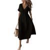 image:imagechouyatou Womens Summer Short Sleeve Cotton Dress V Neck Bowknot A Line Flare Midi Dress with PocketsBlack