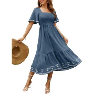 image:imageCHOUYATOU Womens Boho Swiss Dot Smocked Dress Embroidery Ruffle Short Sleeve Flowy Beach Party Midi Long DressesDark Blue