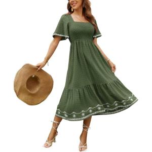 image:imageCHOUYATOU Womens Boho Swiss Dot Smocked Dress Embroidery Ruffle Short Sleeve Flowy Beach Party Midi Long DressesGrass Green