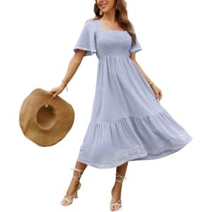 image:imageCHOUYATOU Womens Boho Swiss Dot Smocked Dress Embroidery Ruffle Short Sleeve Flowy Beach Party Midi Long DressesLight Blue