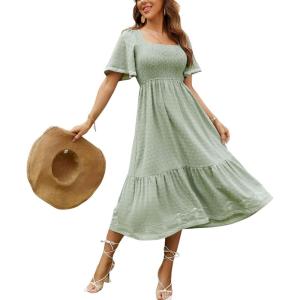image:imageCHOUYATOU Womens Boho Swiss Dot Smocked Dress Embroidery Ruffle Short Sleeve Flowy Beach Party Midi Long DressesLight Green