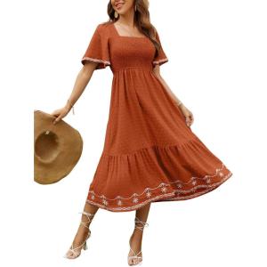 image:imageCHOUYATOU Womens Boho Swiss Dot Smocked Dress Embroidery Ruffle Short Sleeve Flowy Beach Party Midi Long DressesOrange