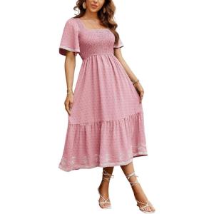 image:imageCHOUYATOU Womens Boho Swiss Dot Smocked Dress Embroidery Ruffle Short Sleeve Flowy Beach Party Midi Long DressesPink