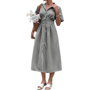image:imagechouyatou Womens 2026 Summer Casual Striped Maxi Long Shirt Dress Pleated Button Down Short Sleeve Tunic DressDark Grey