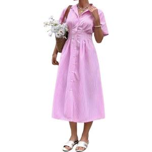 image:imagechouyatou Womens 2026 Summer Casual Striped Maxi Long Shirt Dress Pleated Button Down Short Sleeve Tunic DressPink