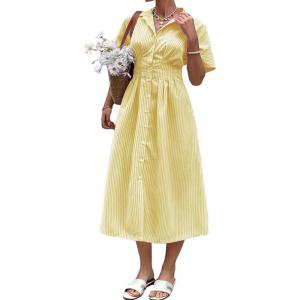 image:imagechouyatou Womens 2026 Summer Casual Striped Maxi Long Shirt Dress Pleated Button Down Short Sleeve Tunic DressYellow