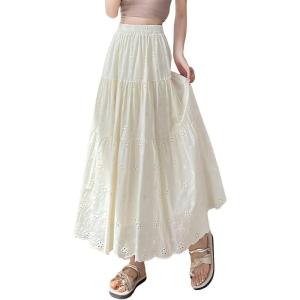 image:imagechouyatou Womens Boho Lace Embroidery Eyelet Swing Skirt High Elastic Waist Ruffle Tiered Long SkirtApricot