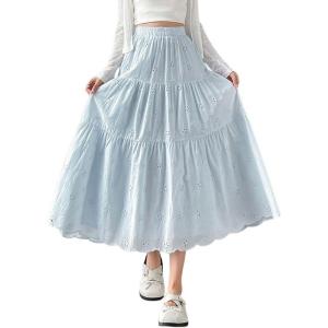 image:imagechouyatou Womens Boho Lace Embroidery Eyelet Swing Skirt High Elastic Waist Ruffle Tiered Long SkirtLight Blue