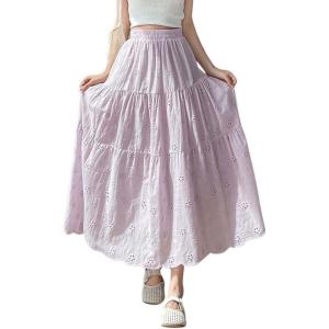 image:imagechouyatou Womens Boho Lace Embroidery Eyelet Swing Skirt High Elastic Waist Ruffle Tiered Long SkirtPurple