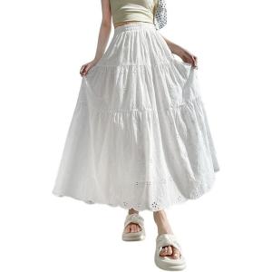 image:imagechouyatou Womens Boho Lace Embroidery Eyelet Swing Skirt High Elastic Waist Ruffle Tiered Long SkirtWhite