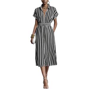 image:imagechouyatou Womens Boho Striped Floral Belted Shirt Dress Short Sleeve Casual Loose Button Down Midi Long DressBlack