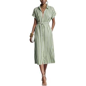 image:imagechouyatou Womens Boho Striped Floral Belted Shirt Dress Short Sleeve Casual Loose Button Down Midi Long DressGreen