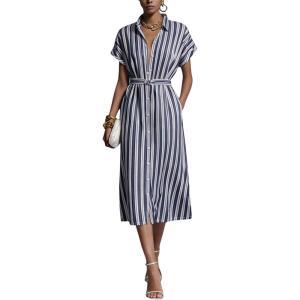 image:imagechouyatou Womens Boho Striped Floral Belted Shirt Dress Short Sleeve Casual Loose Button Down Midi Long DressNavy