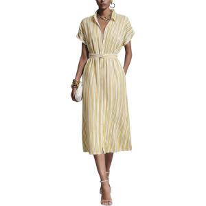 image:imagechouyatou Womens Boho Striped Floral Belted Shirt Dress Short Sleeve Casual Loose Button Down Midi Long DressYellow
