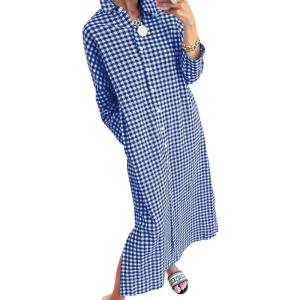 image:imagechouyatou Womens Casual Loose Button Down Plaid Shirt Dress Long Sleeve Side Slit Cotton Gingham Maxi DressNavy Blue