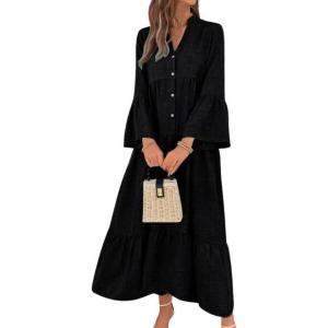 image:imagechouyatou Womens Cotton Linen Button Up Dress 34 Sleeve Flowy Ruffle Tiered Midi Long DressBlack