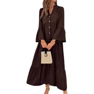 image:imagechouyatou Womens Cotton Linen Button Up Dress 34 Sleeve Flowy Ruffle Tiered Midi Long DressCoffee