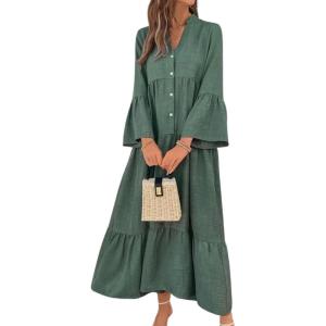 image:imagechouyatou Womens Cotton Linen Button Up Dress 34 Sleeve Flowy Ruffle Tiered Midi Long DressDark Green