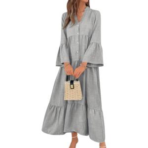 image:imagechouyatou Womens Cotton Linen Button Up Dress 34 Sleeve Flowy Ruffle Tiered Midi Long DressGrey