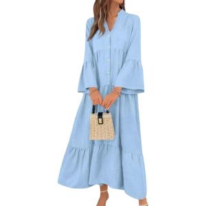 image:imagechouyatou Womens Cotton Linen Button Up Dress 34 Sleeve Flowy Ruffle Tiered Midi Long DressLight Blue