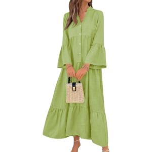 image:imagechouyatou Womens Cotton Linen Button Up Dress 34 Sleeve Flowy Ruffle Tiered Midi Long DressLight Green