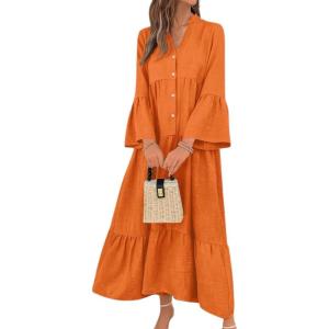 image:imagechouyatou Womens Cotton Linen Button Up Dress 34 Sleeve Flowy Ruffle Tiered Midi Long DressOrange