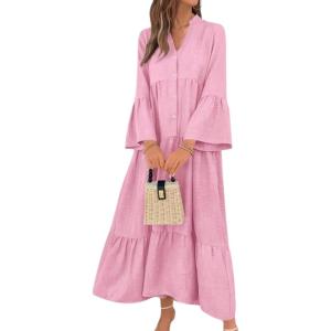 image:imagechouyatou Womens Cotton Linen Button Up Dress 34 Sleeve Flowy Ruffle Tiered Midi Long DressPink