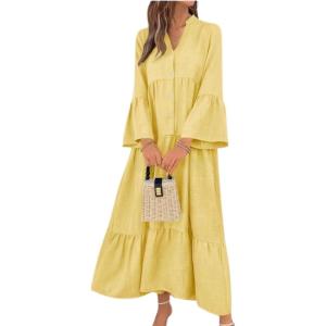 image:imagechouyatou Womens Cotton Linen Button Up Dress 34 Sleeve Flowy Ruffle Tiered Midi Long DressYellow