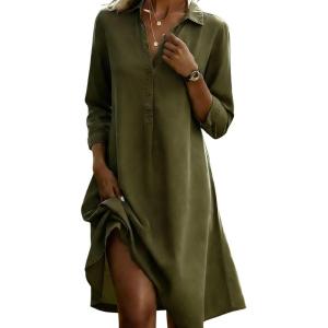 image:imagechouyatou Womens Distressed Denim Polo Shirt Dress Casual Loose 34 Sleeve A Line Pleated Midi Long Jean DressArmy Green
