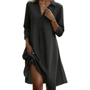 image:imagechouyatou Womens Distressed Denim Polo Shirt Dress Casual Loose 34 Sleeve A Line Pleated Midi Long Jean DressBlack