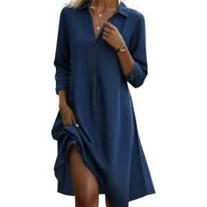 image:imagechouyatou Womens Distressed Denim Polo Shirt Dress Casual Loose 34 Sleeve A Line Pleated Midi Long Jean DressDark Blue
