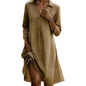 image:imagechouyatou Womens Distressed Denim Polo Shirt Dress Casual Loose 34 Sleeve A Line Pleated Midi Long Jean DressKhaki