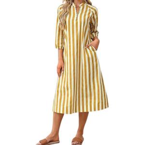 image:imagechouyatou Womens Elegant 34 Sleeve Striped Shirt Dress VNeck Collared Midi Long Beach Dress with PocketsYellow