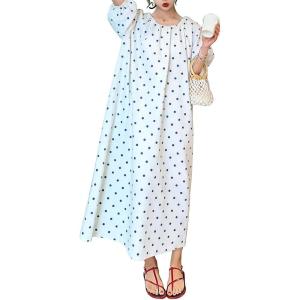 image:imagechouyatou Womens Polka Dot A Line Flare Dress Puff Sleeve Loose Cute Floral Midi Long Dress with PocketsBlue White