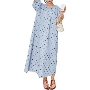 image:imagechouyatou Womens Polka Dot A Line Flare Dress Puff Sleeve Loose Cute Floral Midi Long Dress with PocketsDark Blue